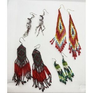 Lot‎ of 4 Pairs Vintage Handmade Beaded Dangle Earrings Red Green Rainbow Boho